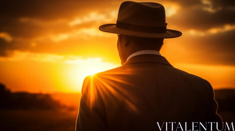 Man in Hat Standing in Field at Sunset AI Image