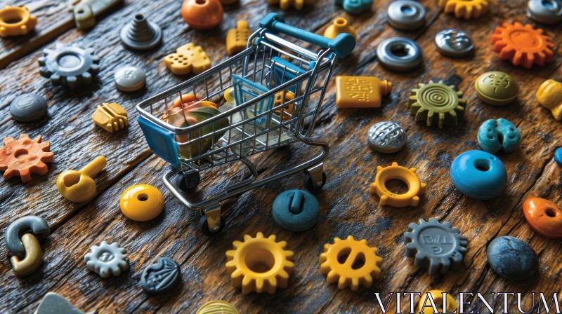 Miniature Shopping Cart Filled with Colorful Plastic Objects AI Image