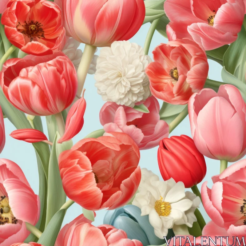 AI ART Red and Pink Tulips Seamless Floral Pattern