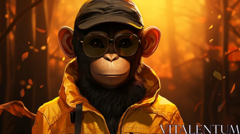 Serious Chimpanzee in Yellow Raincoat and Black Hat AI Image