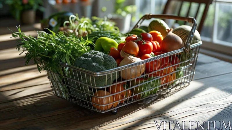 Vibrant Still Life: Fresh Vegetables in a Wicker Basket on a Wooden Table AI Image