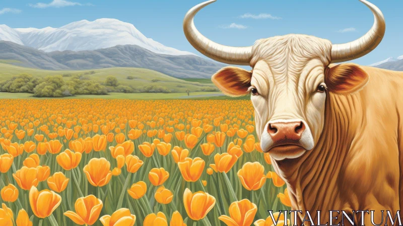 White Bull in Orange Tulip Field AI Image