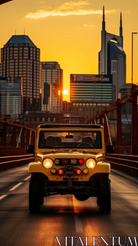 Yellow Jeep Wrangler Driving Over Bridge at Sunset AI Image