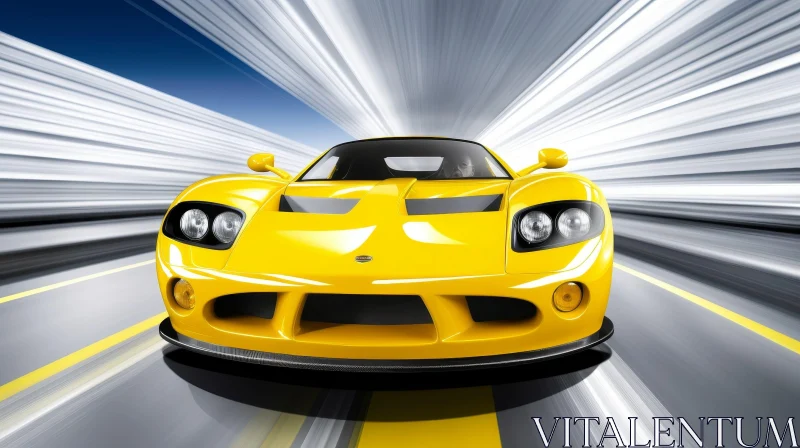 Yellow Sports Car Speeding Down Road AI Image