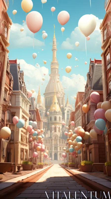 Animated City Street with Floating Balloons in Rococo Style AI Image