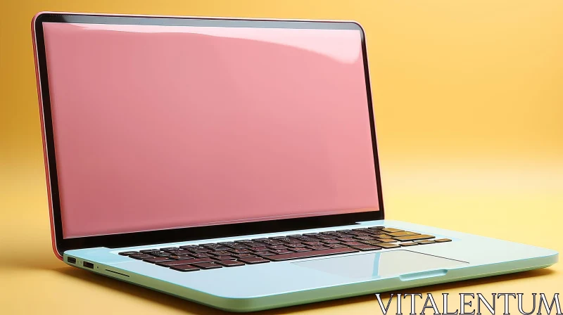 Blue Laptop with Blank Pink Screen on Yellow Surface AI Image