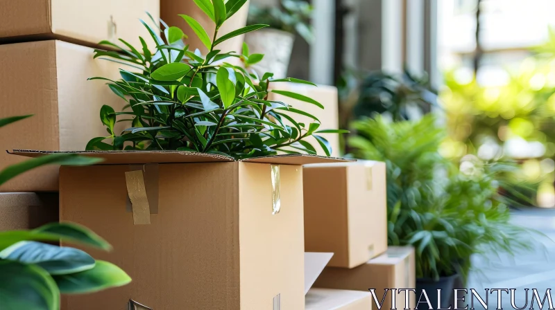 Captivating Composition of Open Cardboard Boxes with Green Plants AI Image