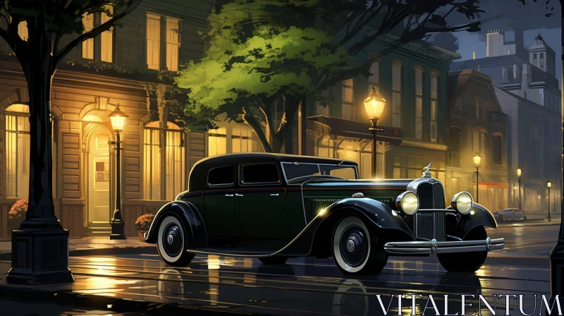 Classic Car Parked in City Street at Night AI Image