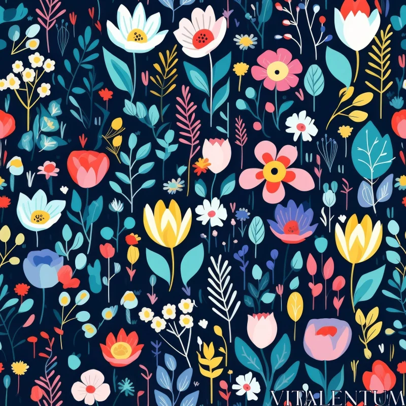 Colorful Flowers and Leaves Seamless Pattern on Dark Blue Background AI Image