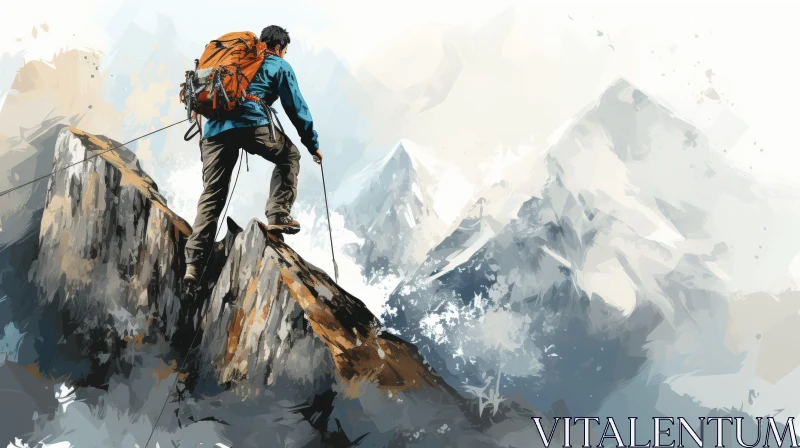 Determined Man Climbing Rock in Mountain Landscape AI Image