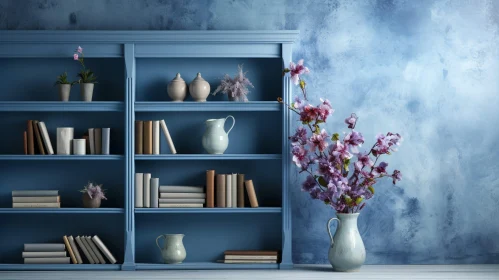 Elegant Blue Interior with Bookcase and Flowers