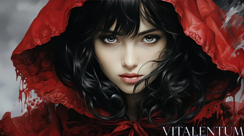Elegant Woman Portrait in Red Hooded Cloak AI Image