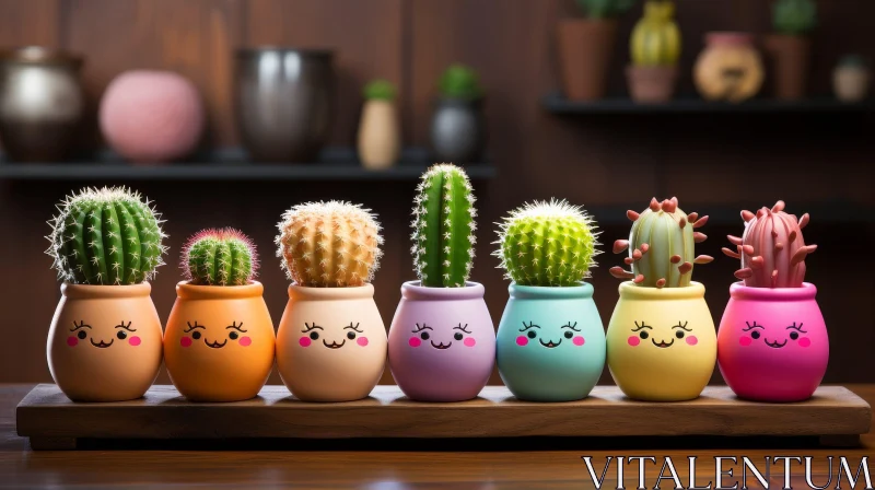 Enchanting Ceramic Pot Display with Cacti on Wooden Table AI Image