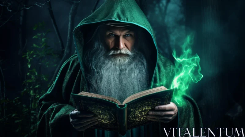 Enchanting Wizard in Green Robe and Hood AI Image