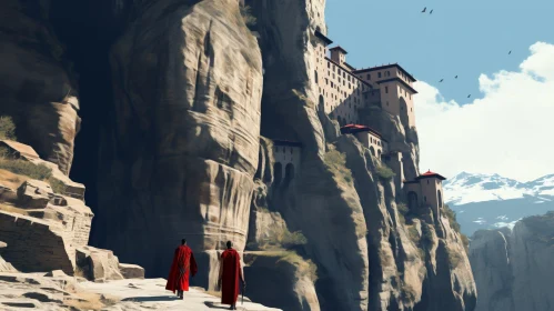 Enigmatic Mountain Encounter: Red Robed Figures and Human Face Rock Formation