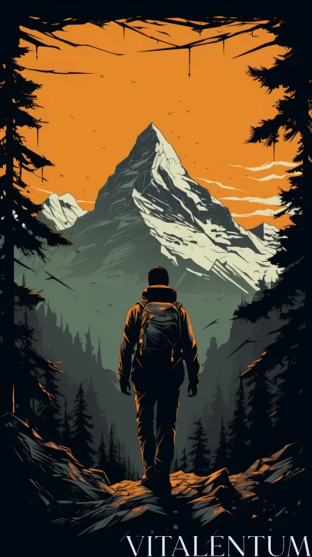 Man Standing in Front of Snowy Mountain Illustration AI Image