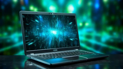 Modern Laptop on Black Table with Green Background