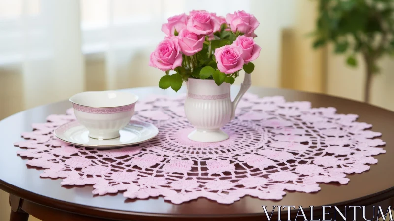 Pink Roses on Wooden Table AI Image