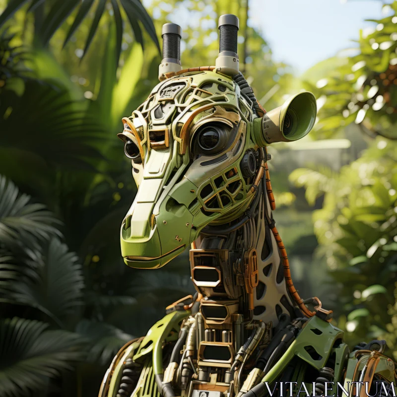 Robotic Giraffe Merging with Nature - A Futuristic Forest Scene AI Image