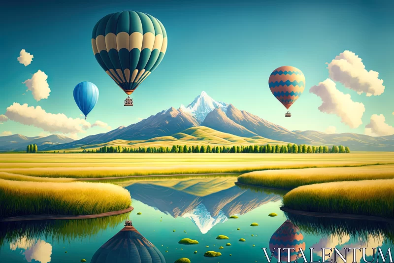 Serene Lake and Majestic Mountains with Vibrant Hot Air Balloon AI Image