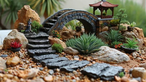 Serene Zen Garden with Stone Bridge, Pagoda, Rocks, and Plants
