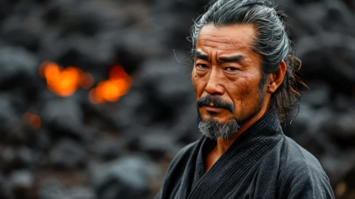 Serious Asian Man Portrait in Black Kimono