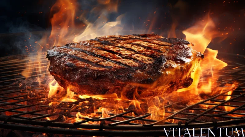 Sizzling Juicy Steak on Flaming Grill AI Image