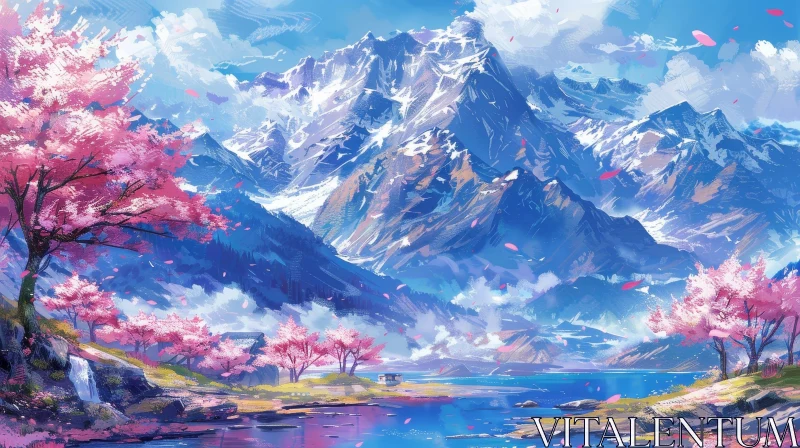 Snow-Covered Mountain Range with Cherry Blossom Trees AI Image