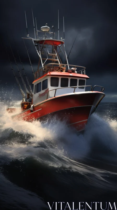 AI ART Stormy Sea: Red and White Fishing Boat Battling Waves