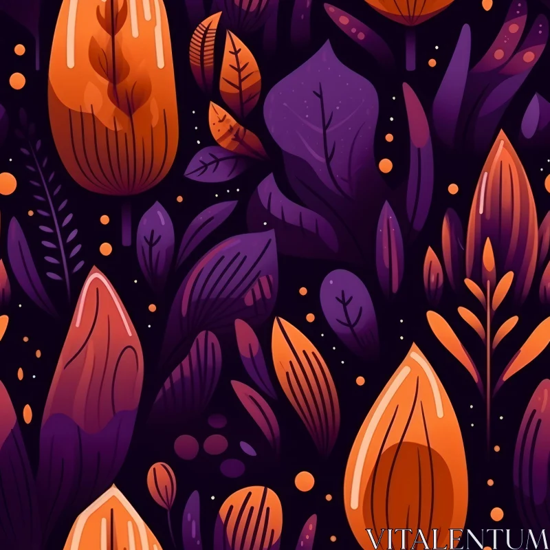 Stylized Leaves and Flowers Pattern in Orange and Purple Gradient AI Image