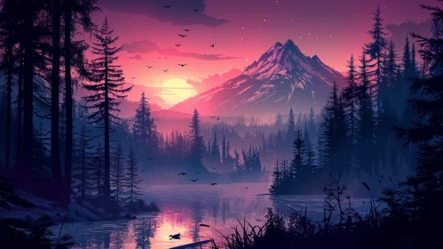 Tranquil Mountain Lake Sunset Scene