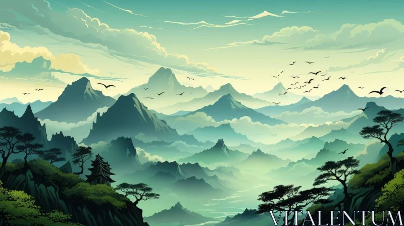 Tranquil Mountain Landscape with Valley and Temple AI Image