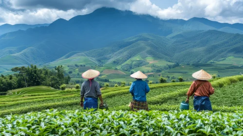 Vietnamese Women in Traditional Hats Walking in Tea Plantation