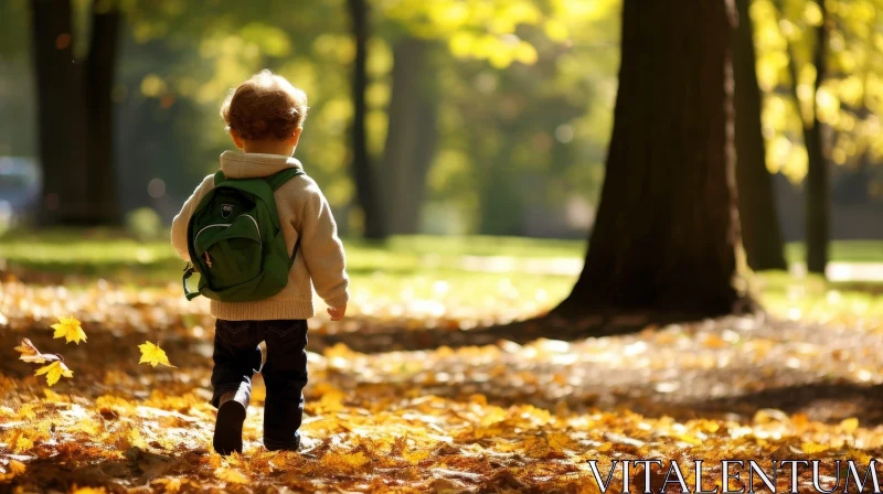 Young Boy Walking in Park with Fallen Leaves AI Image