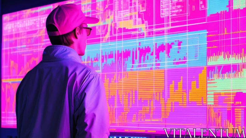 AI ART Young Man Looking at Colorful Data on Screen
