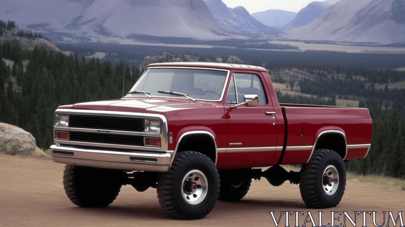 A Captivating Red Chevrolet Pickup Truck Against a Majestic Mountain AI Image