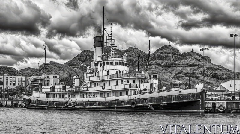 AI ART Black and White Tugboat Named Hercules at Pier with Mountains
