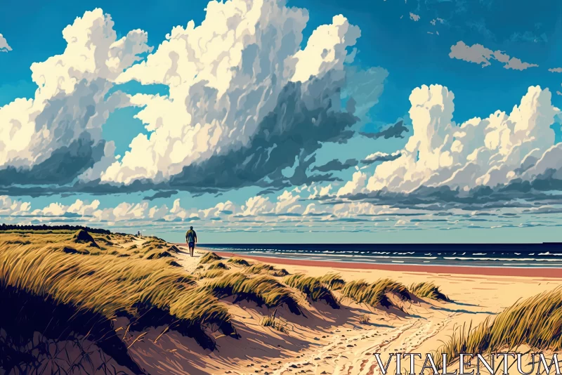 AI ART Captivating Seashore Painting: Person Walking Along Beach | Dutch Landscape