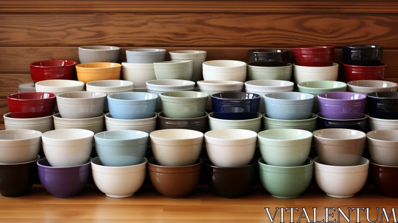 Colorful Ceramic Bowls Arrangement on Wooden Table AI Image