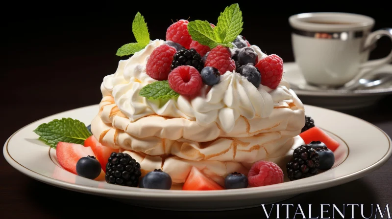 AI ART Exquisite Pavlova Dessert with Fresh Berries and Coffee
