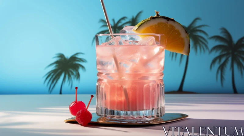 Exquisite Pink Cocktail with Pineapple and Cherries AI Image