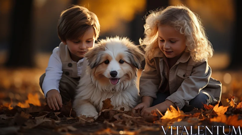 Happy Children Playing with Cute Puppy in Autumn Forest AI Image