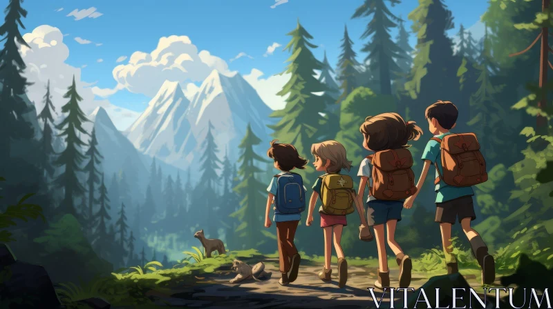 Joyful Children Hiking in Mountain Forest - Nature Adventure AI Image