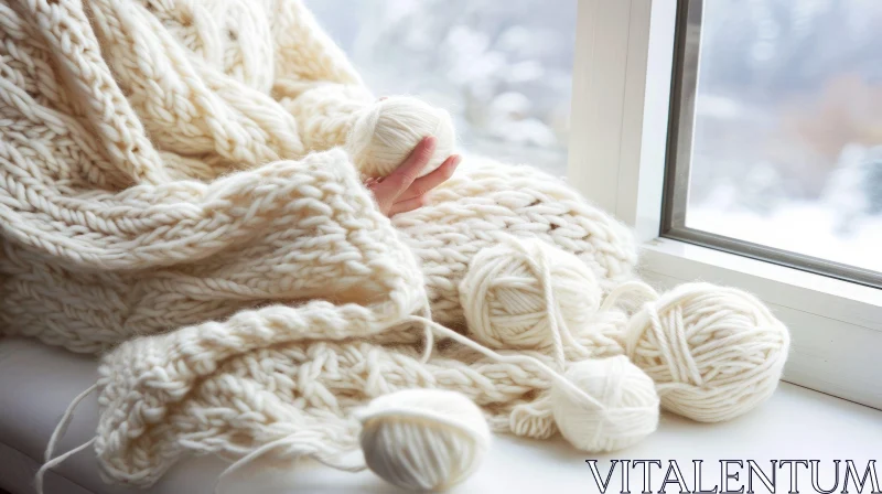 Knitting a Cozy Blanket by the Window | Serene Winter Scene AI Image