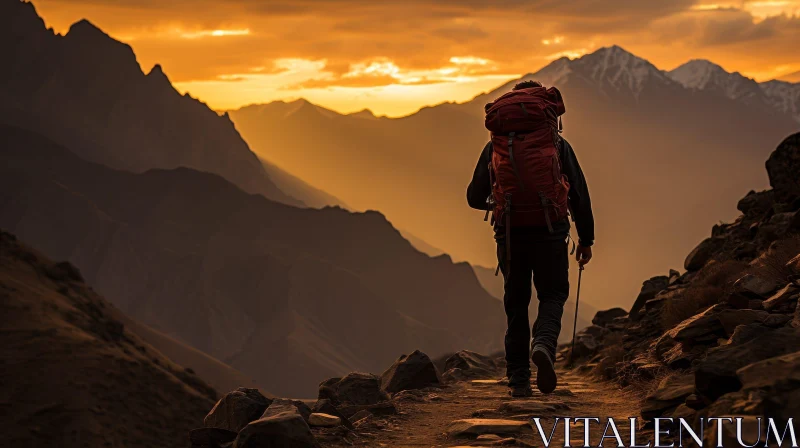 Man Walking on Mountain Trail at Sunset AI Image