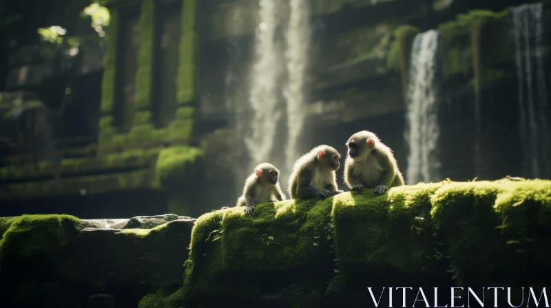 Monkeys by Waterfall: A Serene Nature Scene AI Image