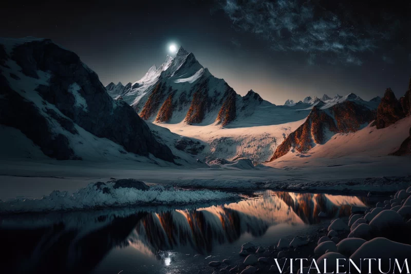 Moonlit Mountain with Snow Reflections - Captivating Nature Scene AI Image
