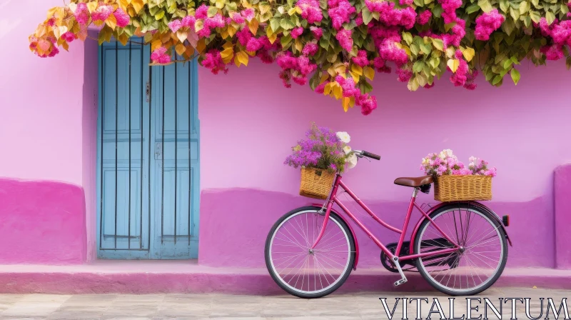 AI ART Pink Bicycle with Flower Baskets Parked in Front of Bougainvillea Wall