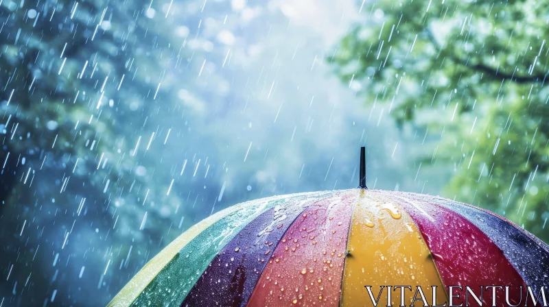 Rainbow Umbrella in the Rain - A Colorful Nature Scene AI Image