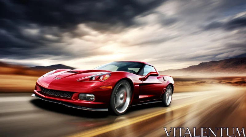 Red Chevrolet Corvette C6 Racing Through Desert Landscape AI Image